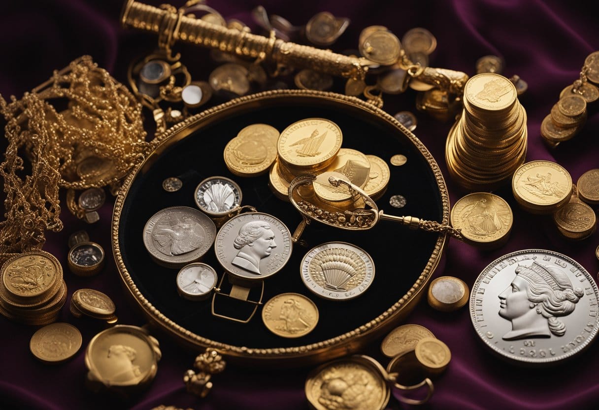Una colección de varios objetos de oro, incluyendo joyas, monedas y lingotes, exhibidos en una bandeja forrada de terciopelo con una lupa y una balanza cercanas.